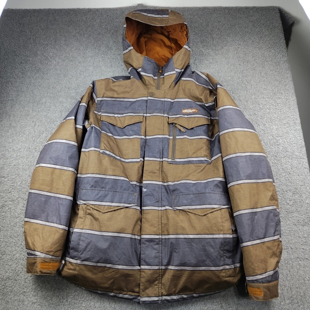Burton Covert Snowboard Jacket Mens Large Brown Striped Dryride Hooded Coat Snow